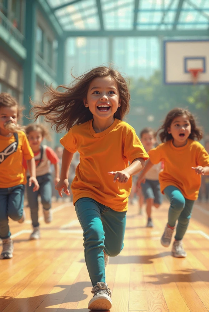 According to modern models for primary school sports competition Create a model for  children, with the colors orange and blue. show children in front and back view