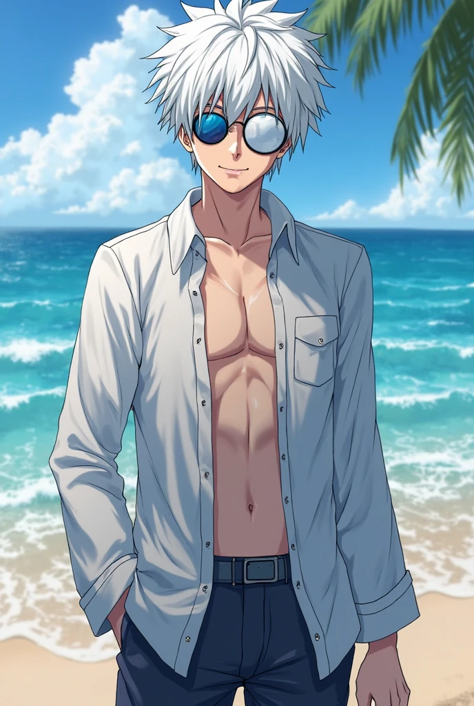 ((masterpiece)), (((best quality))), chromatic lighting,
colorized, white + black limited color palette,
detailed concept drawing,
on the beach, Shibuya street fashion, no weird object on his face,
portrait, 25yo 1guy, slender, topless, short white hair, black eyes, smiling