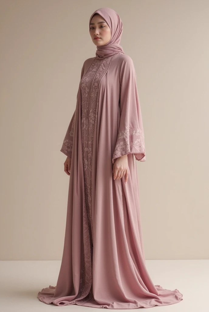 Abaya in beige coffee color, khimar in dark pink color, and face cover in beige coffee color