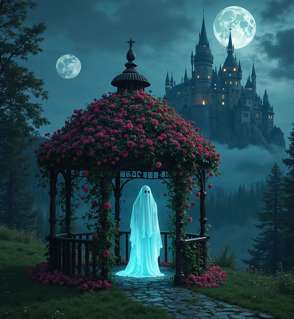 (Symmetric:1.3), (cute cartoon style:1.3), (Gothic theme park), (massive open iron gate in the shape of a creepy face) decorated with red roses and ((climbing vines plants)), natural style, Gothic castle behind the gate, haunted cemetery, ((Cute ghost, looking at the viewer)), ((the bats)), night starry sky, (giant red moon), mysterious fog, More details