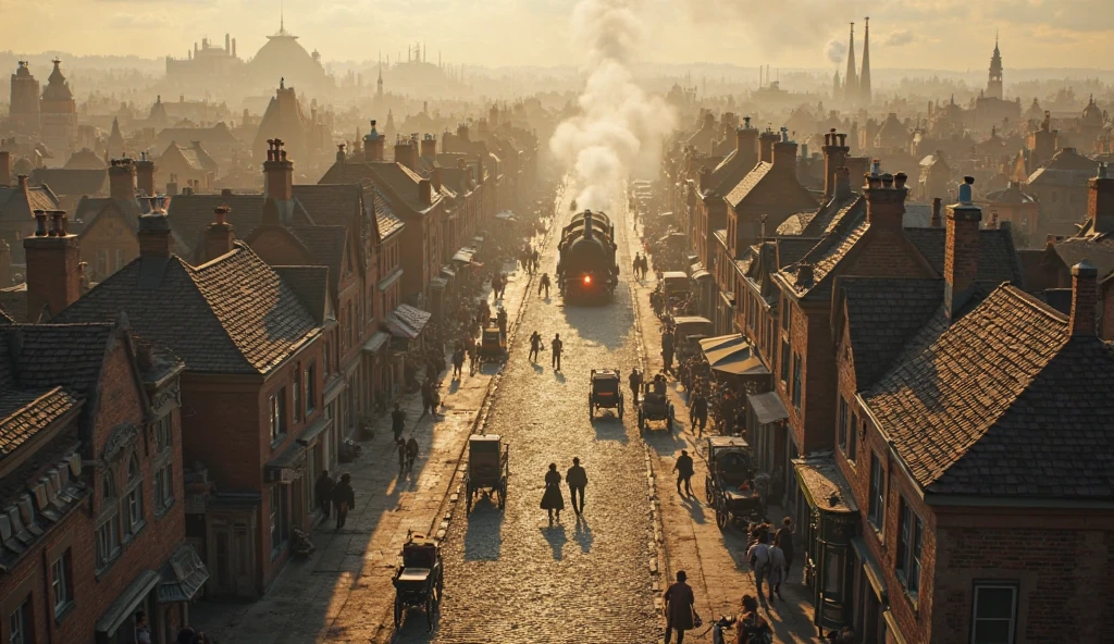 A realistic aerial cinematic shot of a bustling 1880s historical town — cobblestone streets filled with horse-drawn carriages, people in Victorian attire walking, a steam train passing in the distance, smoke rising from chimneys, open markets with traders, children playing, and town criers announcing news. The camera moves slowly from a bird’s-eye view over the rooftops, showing the town square, church, and old brick houses. The scene is lit by soft golden sunlight and includes atmospheric sounds like horses’ hooves, distant whistles, and market chatter. Highly detailed and historically accurate
