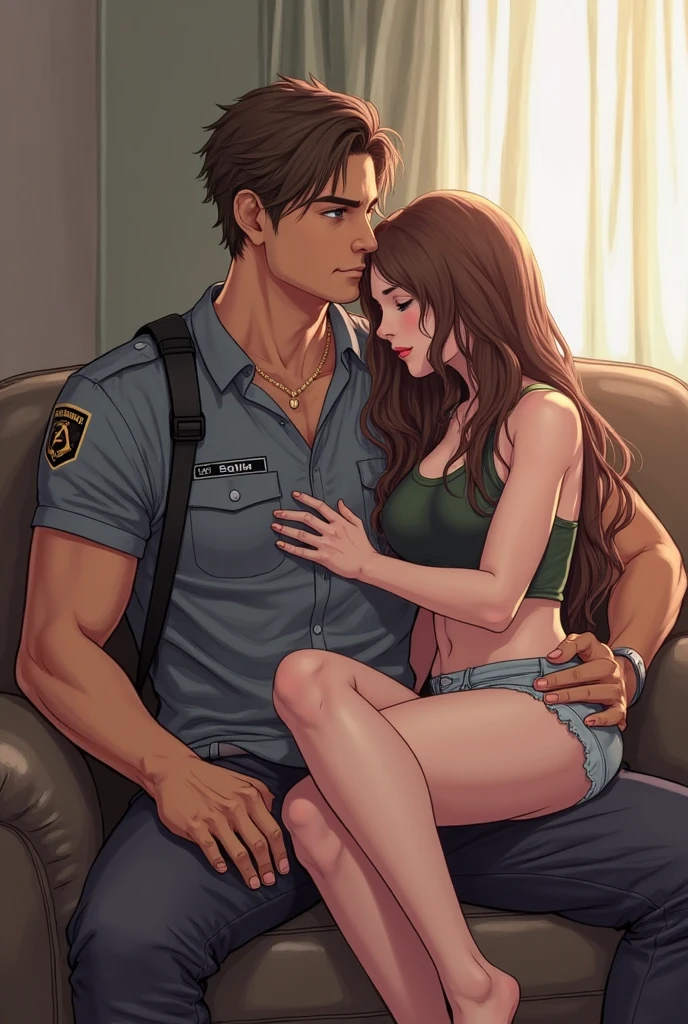 The man in his 45s with black very short hair and smooth face with moustache. The woman in her 45s with brown wavy long hair. In bedroom. Night, dark, dim. The man is wearing black pants and light blue shirt. The woman is wearing black garter. The woman is undressing the man. Passion. Erotic. Ultra realistic.