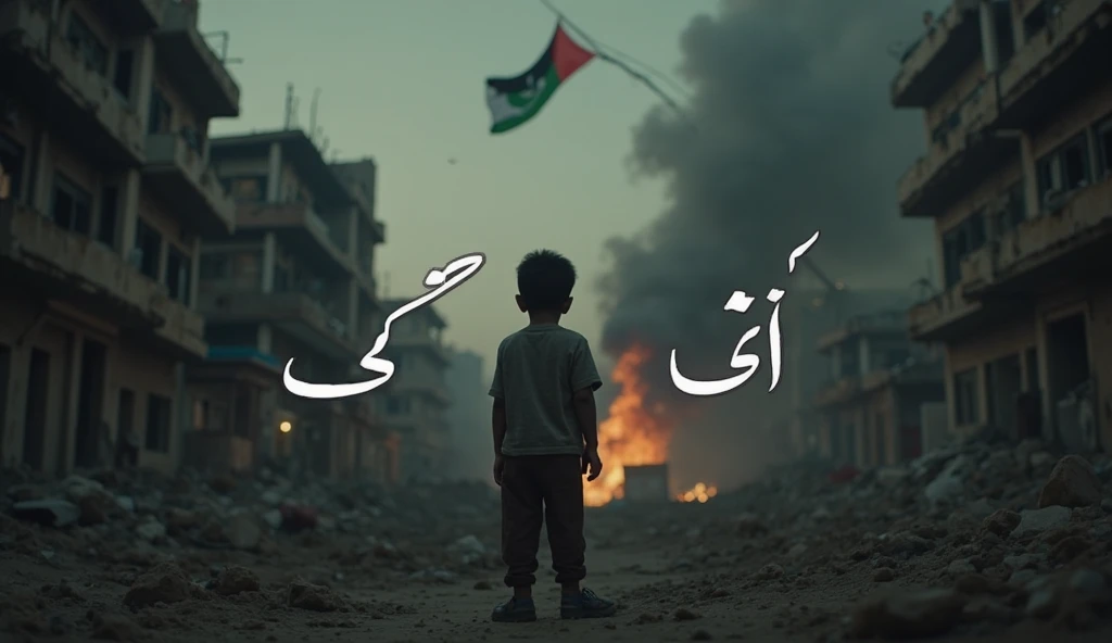 A surreal depiction of a little baby girl, Sit sadly, in pain, (eyes shedding tears, The face is focused on the camera), A sense of disorder, a Palestinian, Curly hair, Dusty face and fabric, (A city in the background is destroyed by fire, Human body on the ground, Some people are crying, Demolished buildings), Ultra-detailed, Vibrant colors, Black and gray shades, Highly emotional imagery, Surrounded by swirling red smoke against a dark and haunting backdrop. (holding palestine flag, palestina flag)