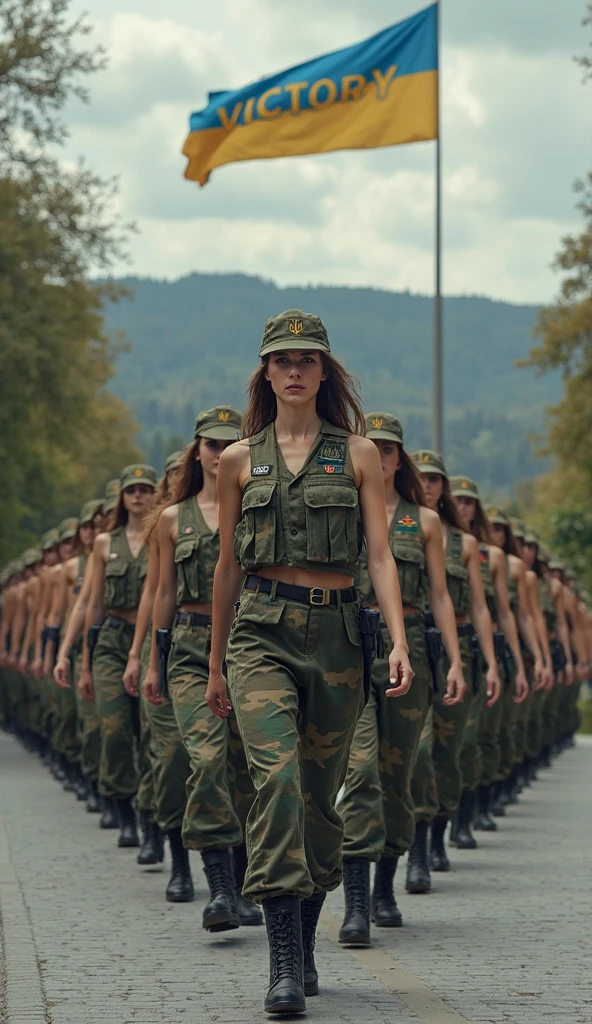 Three attractive all over the bodys Tatooed with Ukrainian trident motifs,   body Ukrainian female soldiers, presumably between 20 and 25 years old and heavily armed with modern rifles, are marching side by side in the same direction. They are wearing Ukrainian Armed Forces trousers with small golden trident motifs, reddish-brown leather gun belts and cartridge belts crossed over their  shoulders, and dark military boots with silver metal buckles. They appear to be female recruits. The three sexy  female soldiers proudly showing their large muscular chests with their pretty puffy . The scene depicts the cobbled exterior of a Ukrainian barracks with trees, leaves, and Ukrainian flags in the background. The ground is paved. Behind the group is a camouflaged armored vehicle, presumably an H2 Humvee. The focus is on the legs and bodies of the three women. The background is not blurred to emphasize the subjects. The perspective is that of a viewer standing slightly above, facing the marching group. The overall atmosphere is serious and determined. A three-dimensional "VICTORY" banner in blue and gold tones floats among the clouds. A huge, semi- map of Ukraine floats undulating in the sky. A gray-blue sky with the sun behind rain clouds seems to indicate morning or evening. High quality, 8k, realistic, detailed, natural photography, UHD, perfect faces, perfect hands, fashionable, wavy hairstyles in the wind, depth of field, close-up,  bodys, bate breasts 