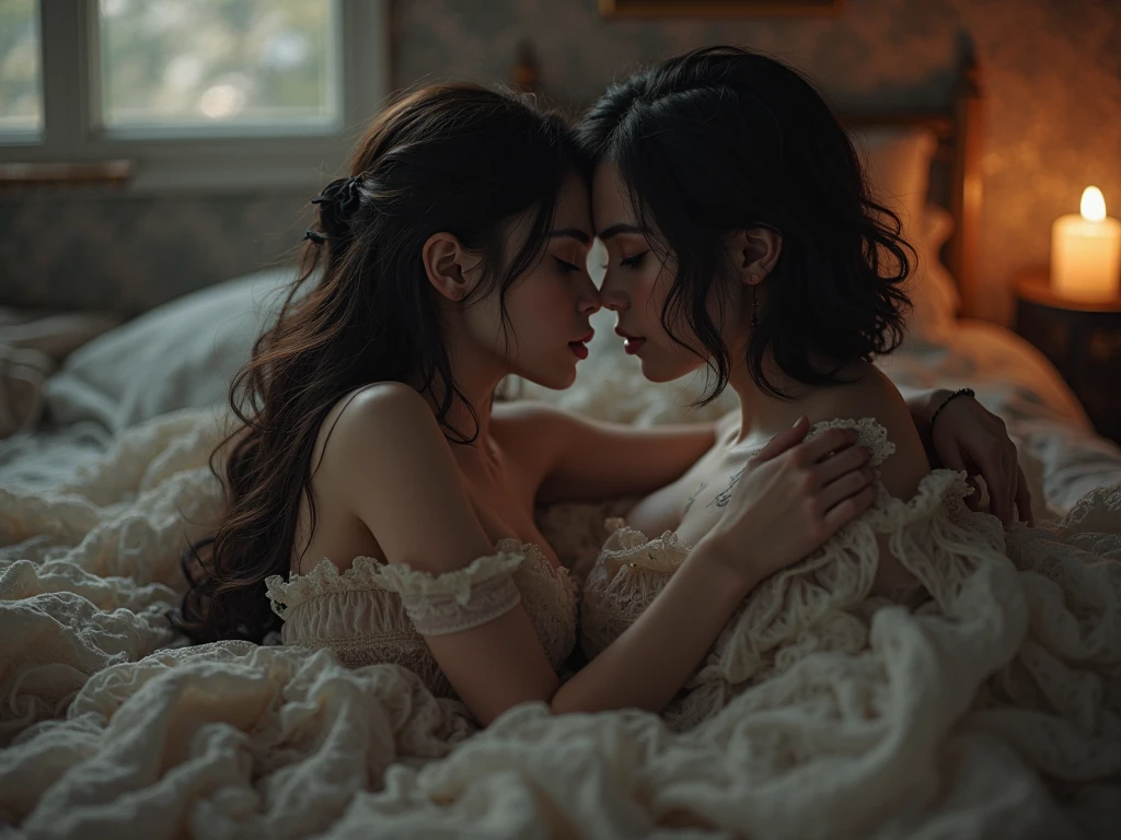 two girl kissing,,(bright lighting,romantic setting),dreamy background,,dark hair, mesmerizing gaze, , soft skin, alluring beauty, artistic portrait, high-quality image, vibrant colors,translucent long silk gown, mosquito net, lying down, romantic bedroom,bondage