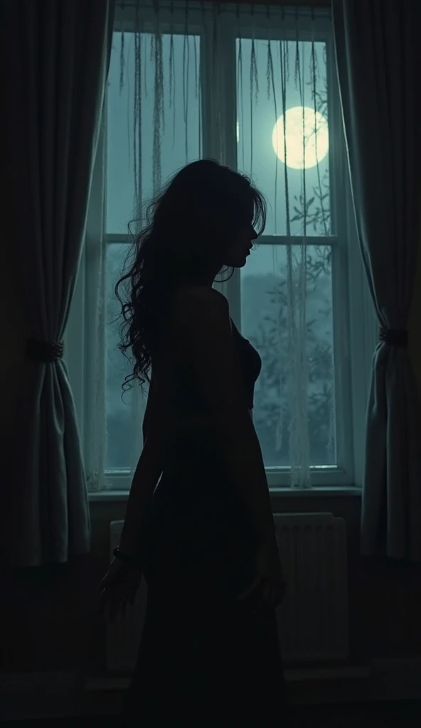 Girl 1 , long black hair perfect body, naked illuminated by the moon, in the bedroom , pose selfie, dark, I see I don&#39;t see , light dark , sexy pose, selfie , unrecognizable face, gorgeous body 