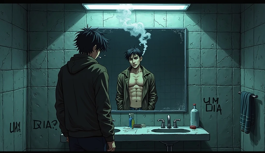 A shocking image of an exhausted young man, wrinkled, old clothing, is in desperation seeking success, looking forward, expression frustrated by seeking success and not achieving it, at the end of the other side of the street, sexy women on the lap of successful men. black and white anime