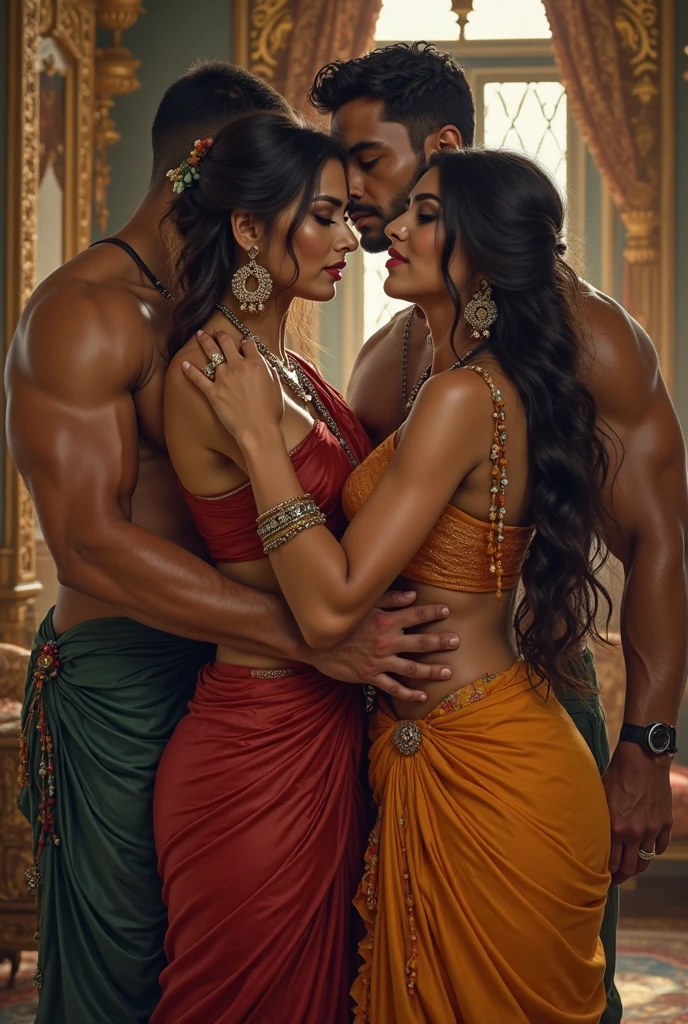 Two hot curvy white milf with long single plaited hairstyle, big breast, big hip, very big ass, thick thighs, perfect body, woman wearing saree, looking at camera, man in middle hugging two woman, tall man and short woman, in white room, man with short side fade hairstyle, muscular body, beard, looking at camera, one woman skinny and another woman thick curvy,