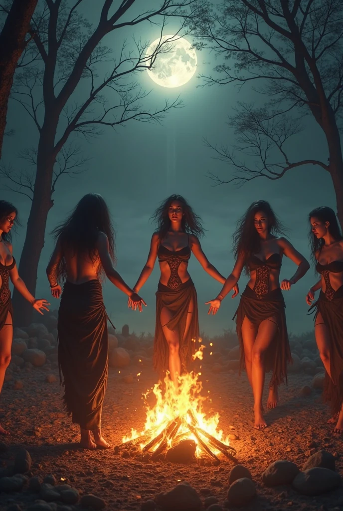 "In a full moonlight, A full-body shot of a realistic fairytale scene in a beautiful magical forrest, bathed in moonlight. "Night scene" "Beautiful blue hue colour pallette." "A 7 fairy queens and princesses with realistic big blue eyes with eye makeup and a serious, direct gaze at each other, dancing in sircle, holding hands." "A Fairy queen, dancing in the moonlight with arms up in the air, with blonde long curly hair." "Dancing fairy princess with a long black hair in a sheer wet transparent dress outfit, big breasts, thin waist, big butt, looks provocative" Fairys dancing in sircle with camping f(ire in the middle of the sircle) " "The lighting is natural and bright, highlighting their features and casting a soft glow around their hair, creating a high-contrast effect that emphasizes the subject's presence. " "A white rapid is just there" The realistic scene includes a strikingly beautiful fairy queens and a princesses in a beautiful and magical forrest in the middle of the night. "The vast environment paints a magical but ritual admosphere". # Configuration settings clip_guidance_scale = 20 # High adherence to the detailed prompt, emphasizing facial features hr_scale = 2.0 # High resolution to capture intricate details in the hair and face. hr scale =2.0 # Perfect human female body. Best hands 1:1, super realistic hair 1:1, hyper realistic eyes 1:1, extra detailed delicate moist skin, most detaled and realistic face 1:1. #A realistic stage with thorough details and clear focus on the queens.