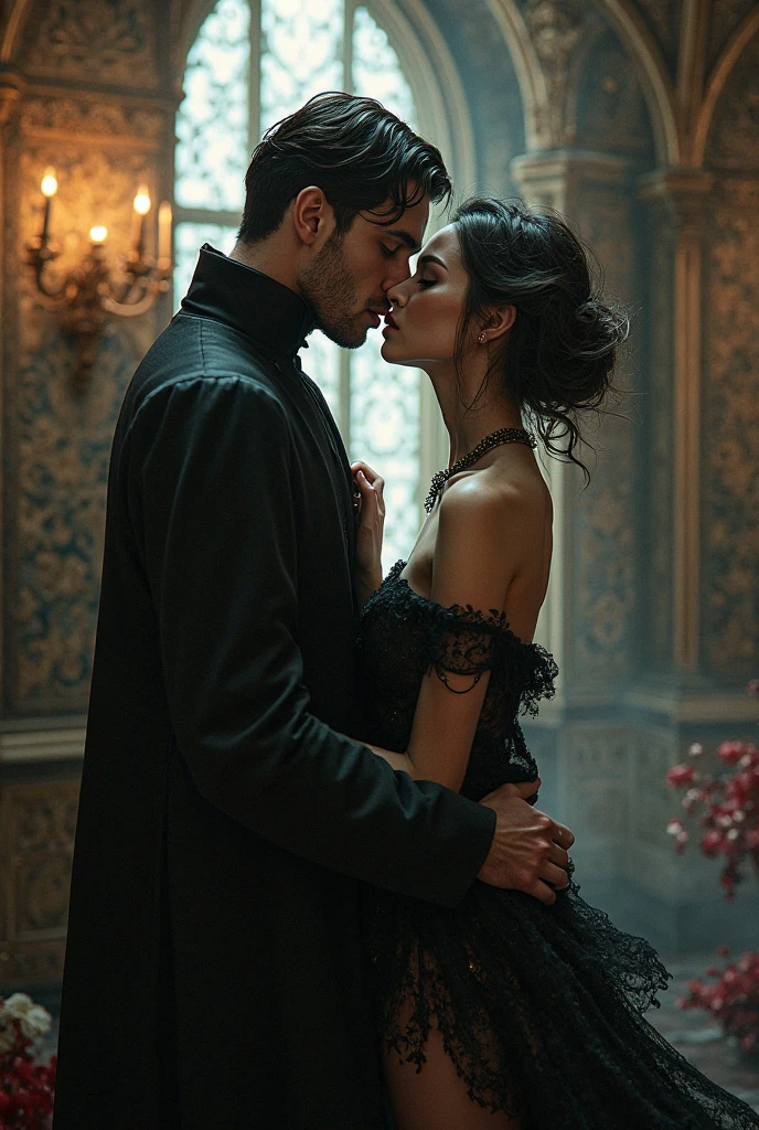 ((photograph)), black hair updo goth girl, blackout eyeshadow, 30 year elegant woman, pale skin, high collar renaissance maroon black chinoiserie dress, black lips, chains, bright blue eyes, buxom, upper torso, BREAK, handsome man, black white medieval lace suit asking her to dance, background medieval castle ballroom, dark, dim, night, moonlight
