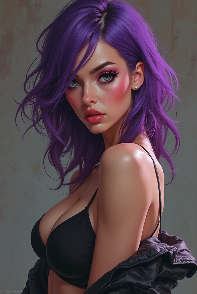 Masterpiece, high quality, 1girl mexican darck skin nude, Short purple hair, green eyes, black lips, naked, slender open legs and small chest, young, nude