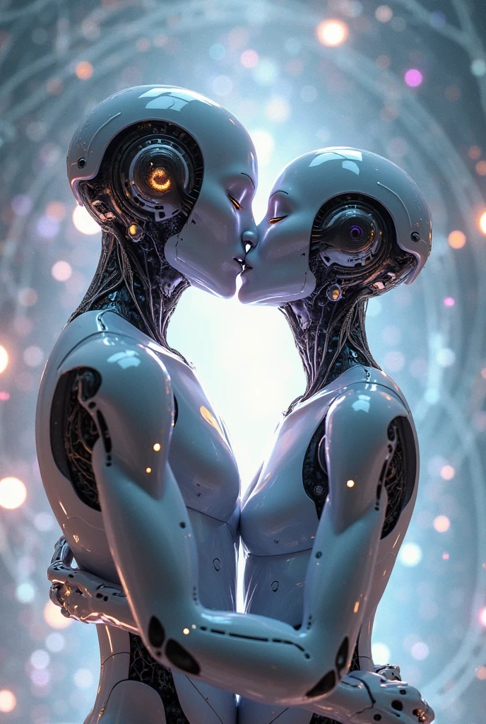a cybernetic man and a woman kiss,centered subject,straight-on angle,eye-level perspective,at a dance party hosted by interdimensional beings on the rings of Saturn,anatomical beauty,shallow depth of field,vivid colors   Glitch Art art by Leon Bankst 