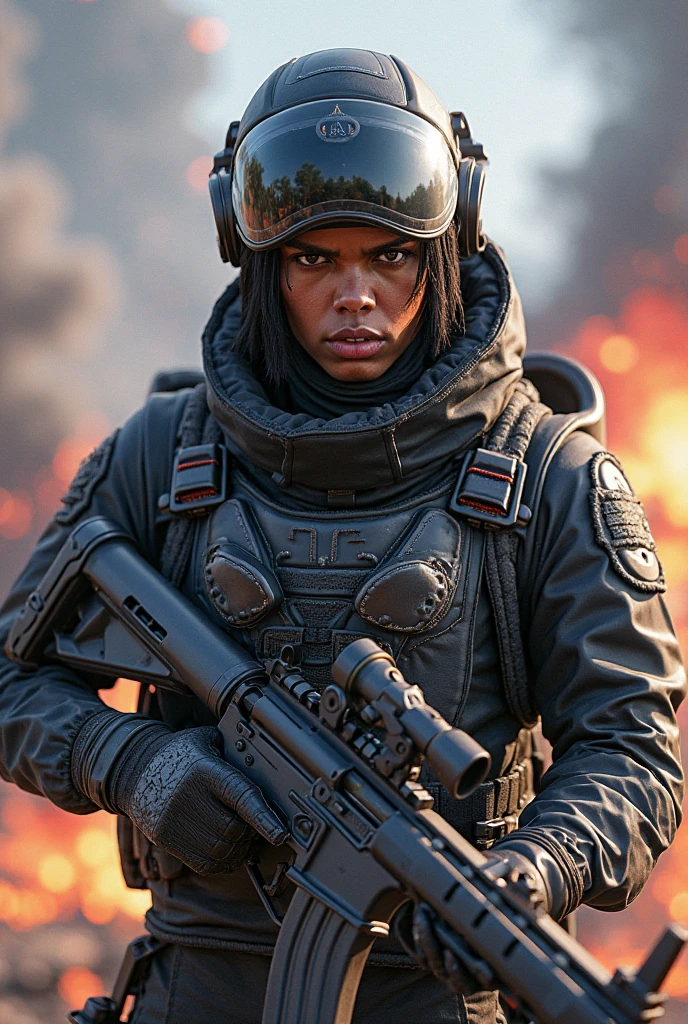 Create a powerful and emotive colored portrait of a near future woman as she leads a group of human rebels in the fight against the alien invasion. Use advanced photography and image editing techniques to realistically capture her expression and posture, and play with light and shadow to add depth and drama to the image. Incorporate elements of the battlefield, such as debris and destruction, to add context and visual interest to the image. Make sure the image has high resolution and impeccable image quality to ensure a very realistic and dynamic appearance.