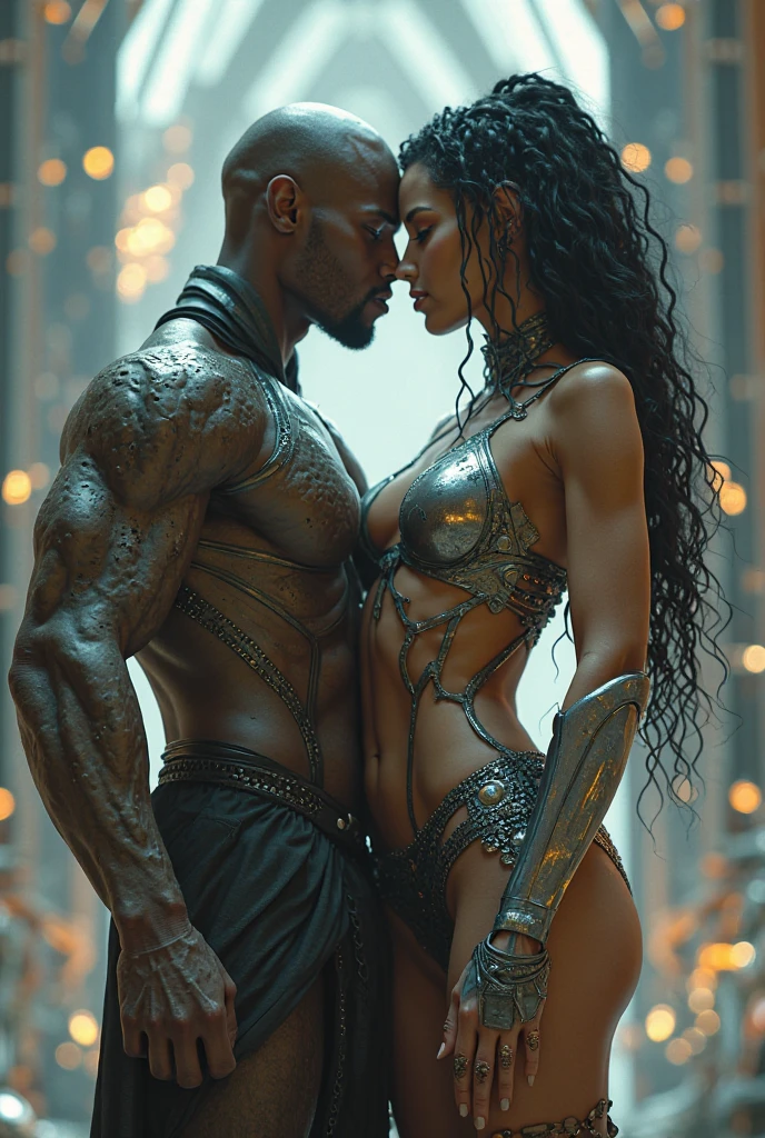 A woman caressing the chest of a black African witch warrior who has skulls on his neck. bright eyes . Lightning in the background