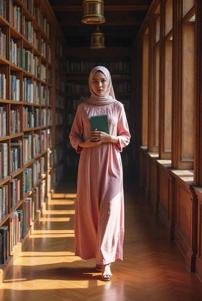 Hijabi Woman university Student, Independen, Turkey + Malaysian Mix had soft thick eyebrow, Hazel eyes, Long eyelashes, Turkey face feature, wearing Hijab turkey style, And wearing blouse muslimah colour White and Skirt Long colour black and Wearing black Sport shoes Nike, and wearing hijab colour Black. And standing at library while searching for novel.