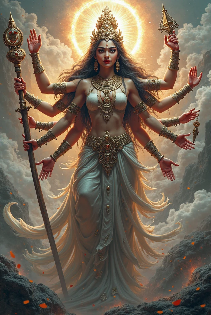 

ai image of thousand hands thousand eyes female buddha figure。hands holding weapons