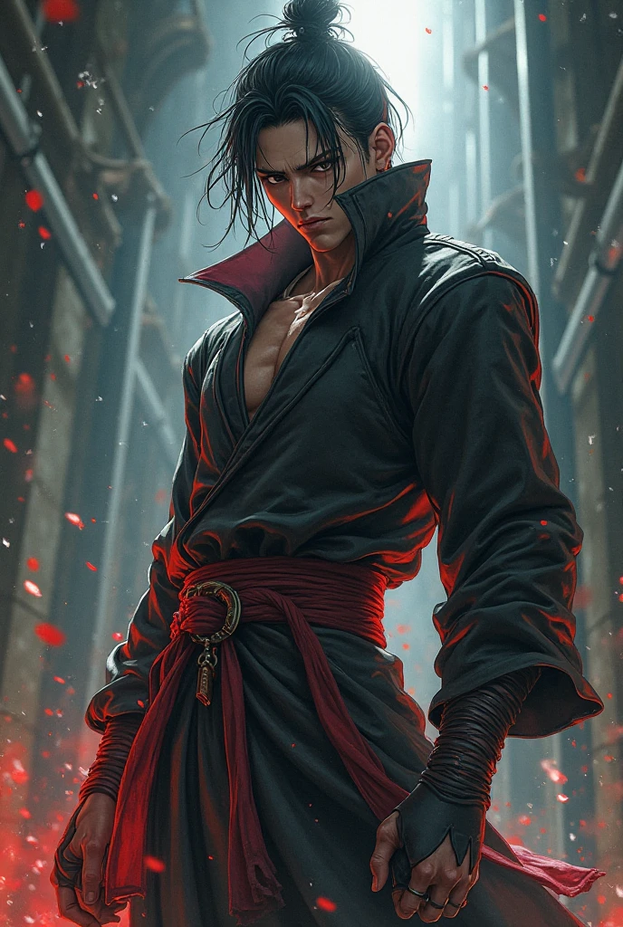 A handsome, brutal young demon with a bloody face.