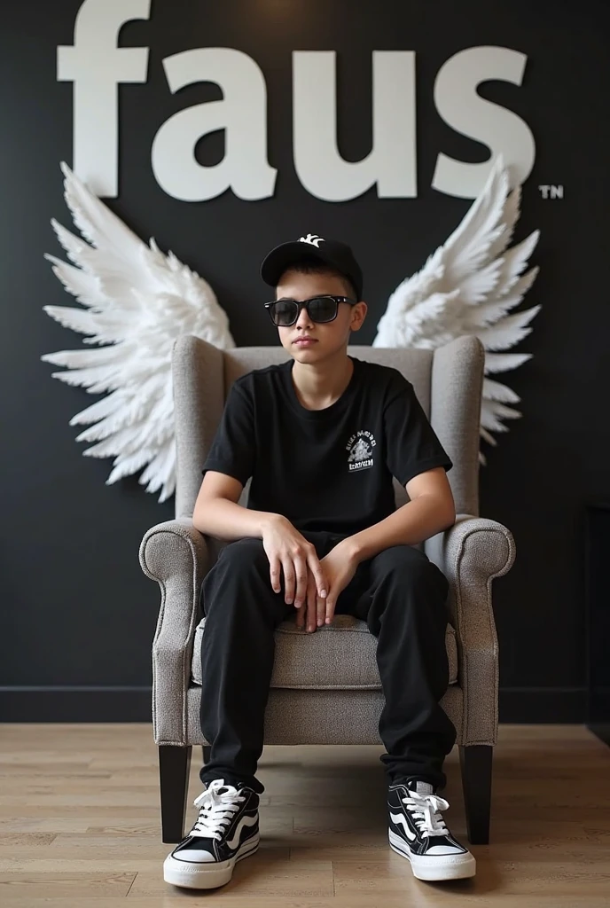 Create a 3d illusion for a Instagram profile picture where a boy in a black sits casually on a wingblack chair. Wearing sneakers, a black cricket cap, and sunglasses, he looks ahead. The background features 'Alex' in big capital red fonts on the black wall. There should not be his shadow, and there are wings to make it appear as if he is an angle
