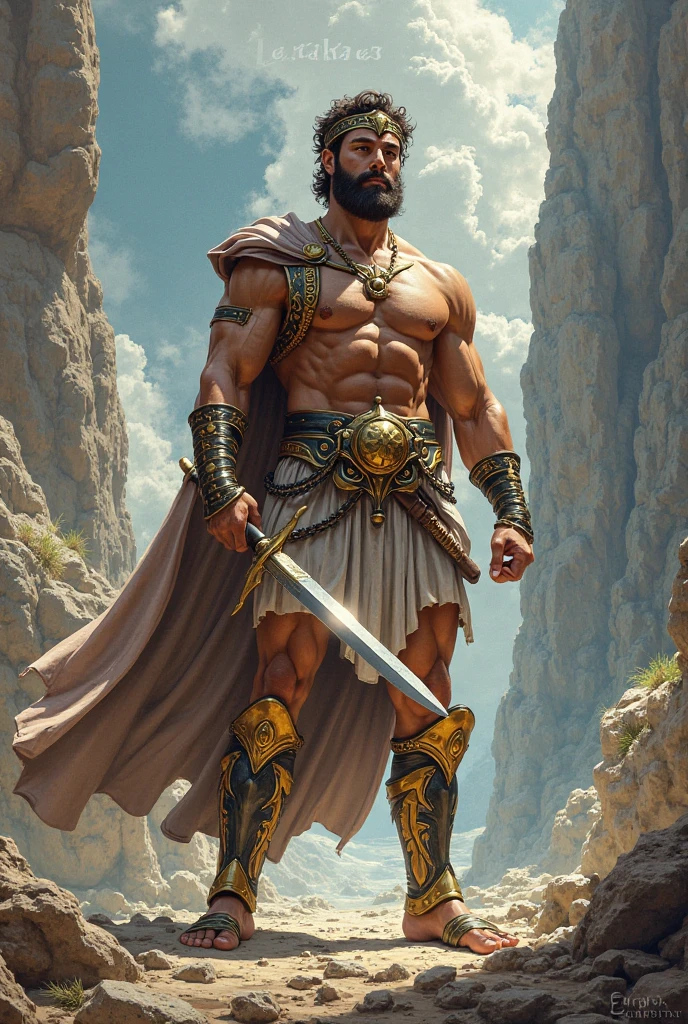 A handsome man, a yogi, long sharp nose, holding a huge axe in his hands, eyes on his axe, long hair tied in a bun, long black beard, shirtless, robust, a thick neckless of beads around the neck, standing in the mountains , wearing a dhoti made of tigerskin, standinf on a rock, snowcapped mountains on the background, photorealistic, detailed, art form by Louis Royo, Boris Vallejo, Frank Frazetta