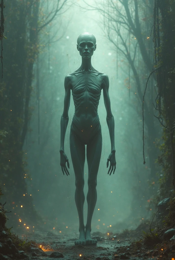The anomalous image of a human with a body, legs and arms is very long, once the face is blurred at night, glitch