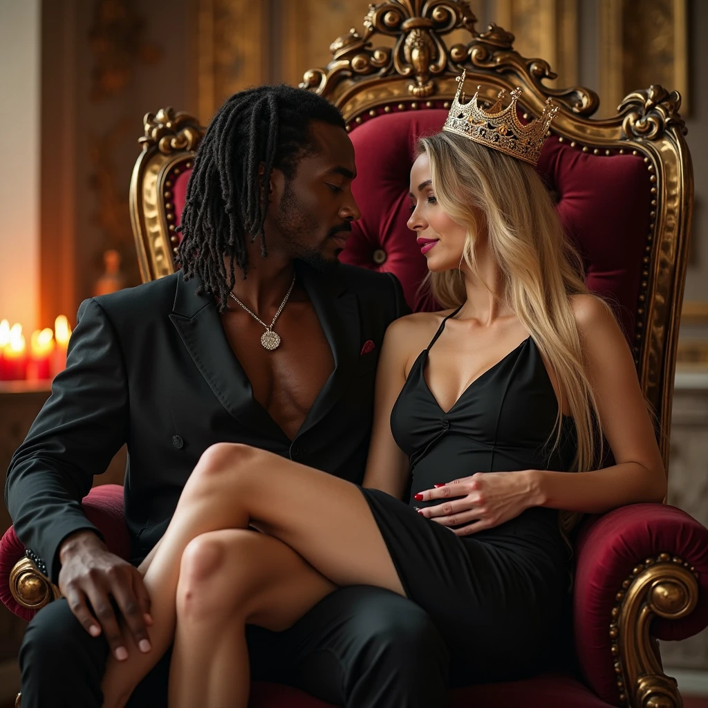 A white-skinned girl in a short red dress sitting on a queen's throne with a crown, a very pretty girl, and on the same throne is a taller, darker-skinned boy, both of whom are sitting on the piece of furniture and the boy is kissing the girl's hand.