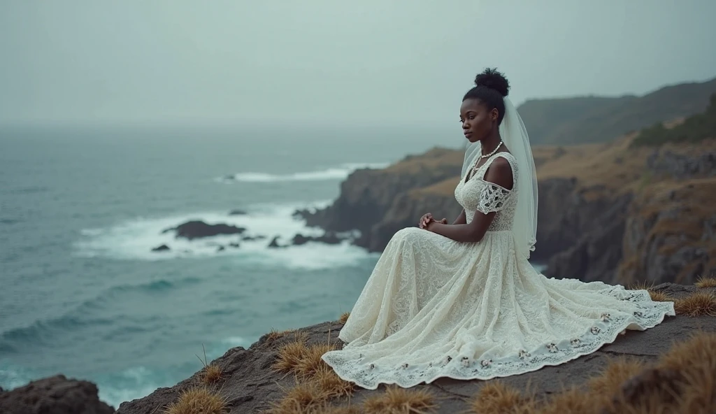 Moody coastal shot of a bride sitting alone on a rocky cliff ...
