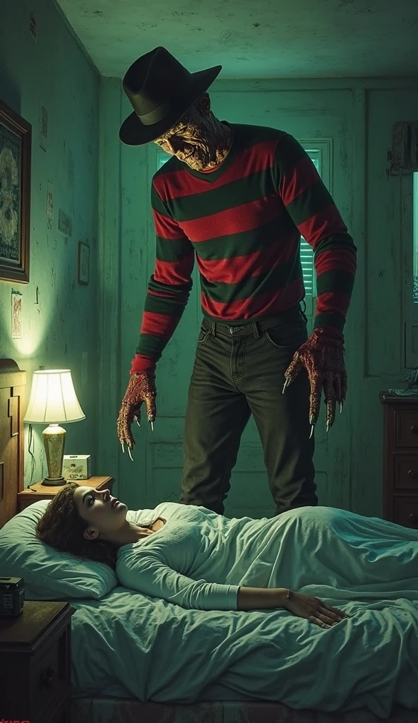 Freddy Krueger holding his bladed glove ready to kill a victim lying in his bed. 2D style