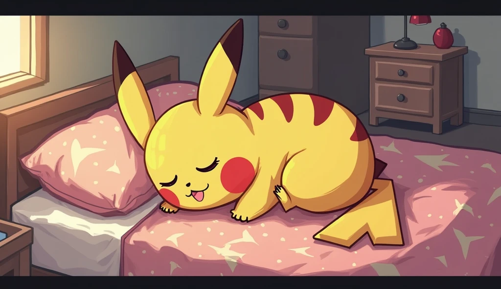 modern bedroom, pillows, detailed background,
high-angle view, in bed, on back,
solo, feral, female, (pikachu), smooth yellow skin,
pawpads, (bedroom eyes),
(human pussy, glistening genitals)
(by syuro, by kenket),