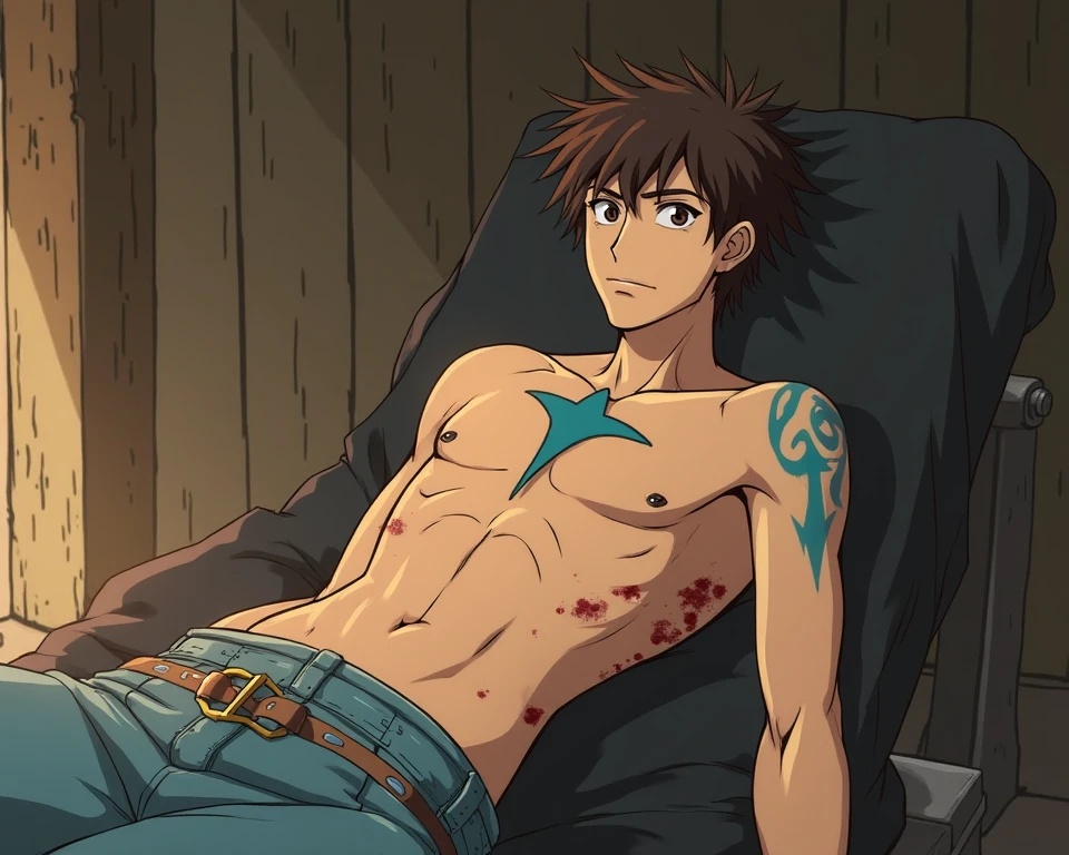 Granat, 1boy, inside castle, male focus, sitting, blood, bandaged arm, chest sarashi, midriff sarashi,   eyes, night, window, moonlight, 
<lora:frieren_EP01to10-loha-bundle-30000:1:1>, <lora:marble_v204:0.5>
