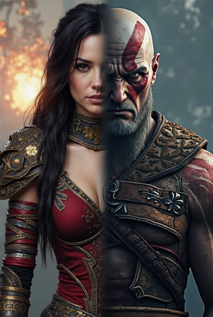 ((masterpiece)), ((best quality)), (ultra-detailed), absurdres, extremely detailed CG unity 8k wallpaper, Official Art, Accurate describe shapes, (realistic), (mountain, scenery, dramatic light, illustration:1.1) <lora:epi_noiseoffset2:0.7>
AND ((masterpiece)), ((best quality)), (ultra-detailed), absurdres, extremely detailed CG unity 8k wallpaper, Official Art, Accurate describe shapes, (realistic), beautiful face, detailed hands, expressive eyes, upper body, close-up, looking at viewer, (standing, arm at side, serious:1.3), (moutain, scenery, dramatic light, illustration:1.2), (1girl, mature female, large breasts, wide hips, brown hair, black eyes, braid, long hair:1.4), (brown dress, cleavage, arm tattoo, freya:1.3), , ((masterpiece)), absurdres, HDR, <lora:Freya_GoWR_v2:0.7>
AND ((masterpiece)), ((best quality)), (ultra-detailed), absurdres, extremely detailed CG unity 8k wallpaper, Official Art, Accurate describe shapes, (realistic), beautiful face, detailed hands, expressive eyes, looking at viewer, (mountain, scenery, dramatic light, illustration:1.1), (standing, arm at side, serious:1.2), (1boy, mature male, muscular male, bald, scar, black eyes:1.4), (kratos, armor, battle skirt:1.3), ((masterpiece)), absurdres, HDR <lora:kratos-15:0.7>