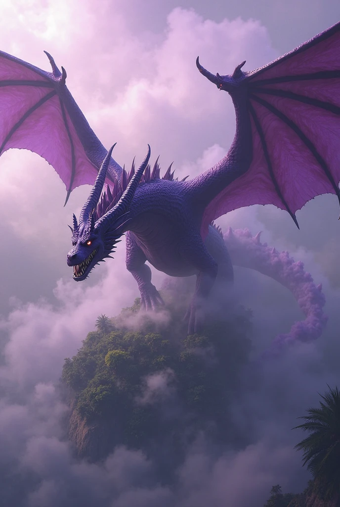 A large purple dragon breathing fire flying in Hogwarts