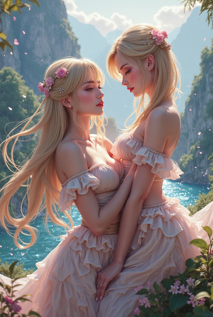 (masterpiece, best quality:1.4), Young blonde beauty, (((2 girls in love, 18 years old, neat girl))), detailed blue eyes, long eyelashes, blush, kind smile, horny, upper body, topless, small ass, shaved pussy, (looking at viewer), (close up), beautiful blonde hair, white-skinned, (bangs:1.3), ponytail, squeezing, on top of each other, groping, (small breasts), (mushroom forest, celestial forest, beautiful and magnificent pink sunshine, majestic sky), natural light, pastel colors