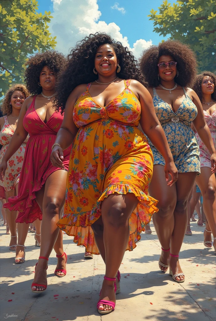 Three plus size model women are obese and overweight, 150kg, with a lot of fat on their stomachs and buttocks, they gained weight by eating too much, they are obese American plus size models with very large bellies, their bellies are big and bulging, covered with a lot of fat, they are wearing gorgeous colorful dresses and posing on the outdoor stage of the SSBBW contest to compete for their body size, 4K quality