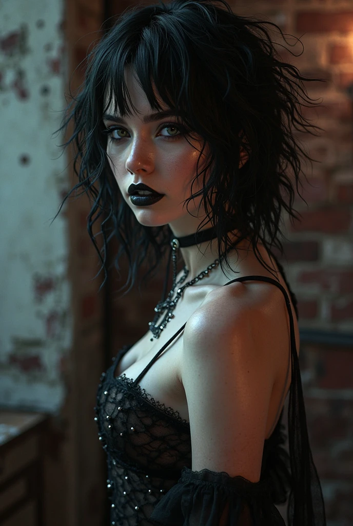 A stunningly realistic dark fantasy portrait of a tall, leggy red-haired woman with a chiseled abs, small waist, large emerald green eyes, and plump lips. She stands confidently, her body displayed in all its glory. The background is a mix of dark, brooding colors, with some ethereal elements, creating an atmospheric and mysterious setting. The overall tone of the image is a blend of beauty, power, and darkness., dark fantasy, portrait photography, painting
