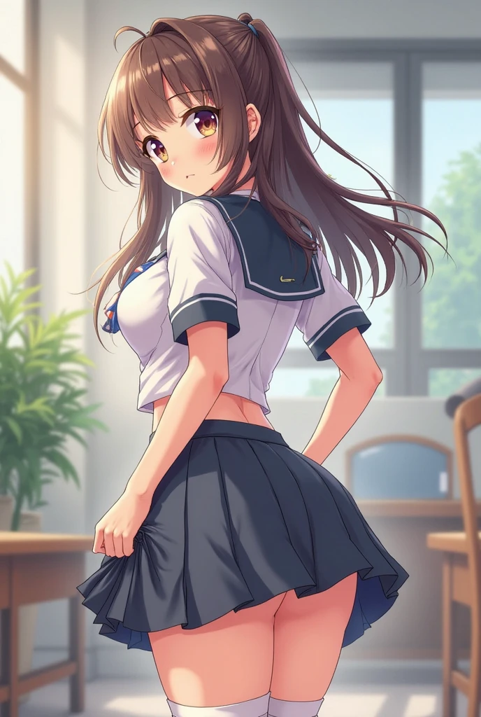 ((Tabletop, Highest quality, High resolution, Hmph, Pixel perfect,  4K, Hmph, Hmph))), 1 Girl, single, alone, Beautiful woman、I could see the whole body、Angle from behind、I can see your butt、Her butt is facing me、 ((Short Wavy Hair, bangs, Brown Hair)), ((Brown eyes, Beautiful eyelashes, Realistic eyes)), ((Detailed face, blush:1.2)), ((Smooth texture:0.75, Realistic texture:0.65, Realistic:1.1, Anime CG Style)), Medium chest, Dynamic Angle, Perfect body,  ((White tennis wear、White short sleeve shirt with collar、Pink ruffle skirt、White tennis shoes、The wind blows up my skirt))、Tennis court、Very embarrassing panic smile、See-through bra、Blue panties and bra