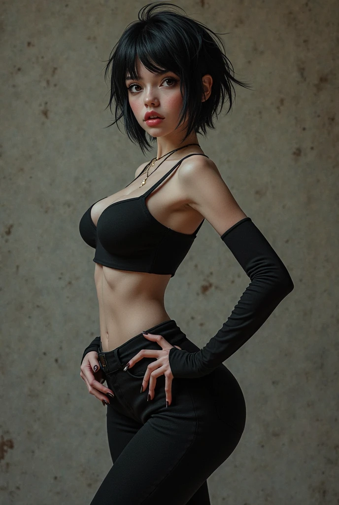 (one girl, 1girl), (solo:1.3), (black_hair:1.3), (short_hair, messy_hair:1.3), (gradient_hair, colored_tips, pink_hair:1.1), (pink_eyes:1.3), (choker:1.2), (thick lips:1.3), (cat_ears, cat_Tail:1.2), (light_smile:1.3), (smug:1.3), BREAK
(standing:1.3), (thick_thighs:1.1), (narrow_waist, small_breasts:1.3), (wide_hips:1.4), BREAK
(black_yoga_pants, black_leggings, black_crop_top, short_sleeves:1.2), BREAK
(white_background, simple_background:1.3), BREAK
SLE, mksks style, best quality, masterpiece, detailed background, highly detailed, intricate, detailed face, long eyelashes, detailed eyes, <lora:GoodHands-vanilla:1> <lyco:NijiJourney-LyCoris-V6:1> <lora:★saturation:-0.5> <lora:hadanuri1:1>