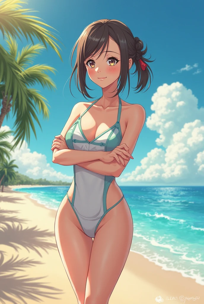 1 girl, , black hair, short hair, cute face, brown eyes, ideal ratio body proportions, ((curvy)), (medium breasts), ((Straw hat)), ((white polka dot bikini)), ((pretty bikini)), ((light smile)), ((Close your mouth)), (((from behind))), (((multiple angle))), (((many pose))), ((((looking at another)))), (((beautiful beachside))), ((32k)), ((best quality)), ((ultra high res)), ((HDR)), ((UHD)), ((extremely detailed CG)), ((unity 32k wallpaper)), ((perfect anatomy)), (((illustration))), ((((anime colored)))),  