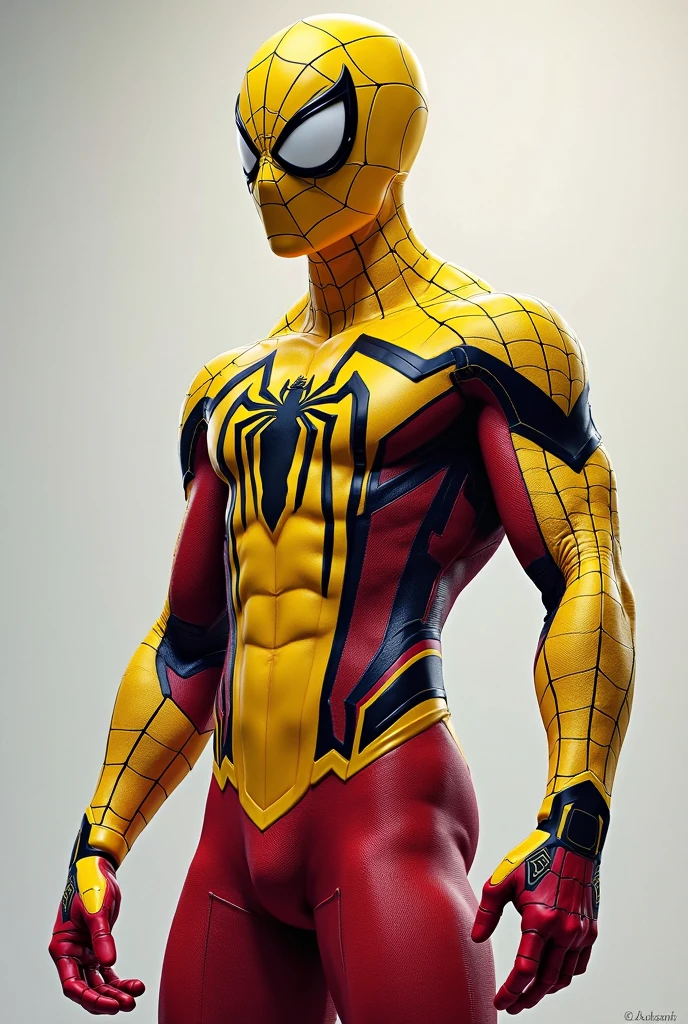 Spiderman tom holand in full white and gold suit light background