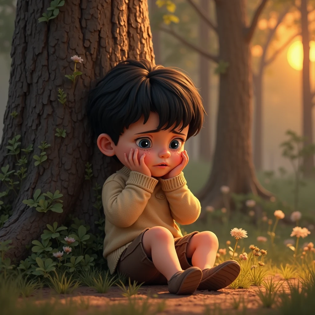 Make a picture of a boy with an oval head. It was a dark brown and was hugging a nearby tree.