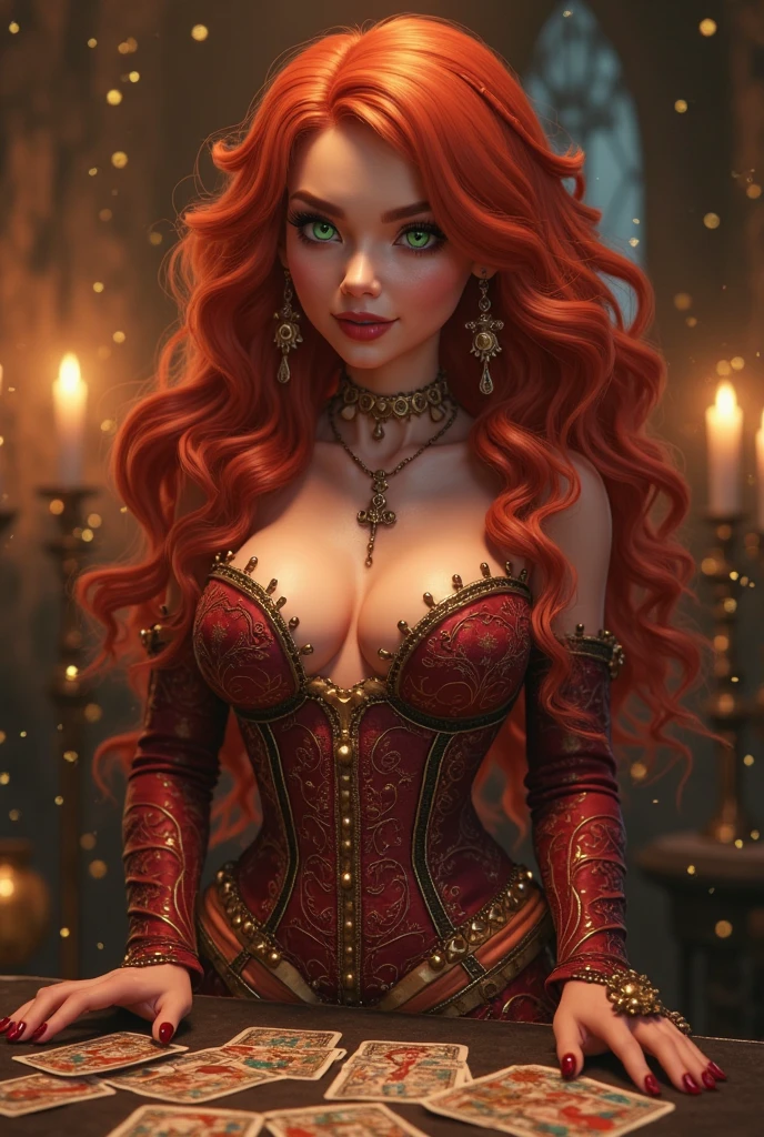a woman with long crimson hair, intricate Green corset, beautiful detailed eyes, beautiful detailed lips, extremely detailed face, longeyelashes, elegant pose, graceful movement, breathtaking, detailed and realistic, oil painting, dramatic lighting, warm color palette, cinematic composition, masterpiece, 8k, high quality, poison ivy, freckles on breasts, freckles on face