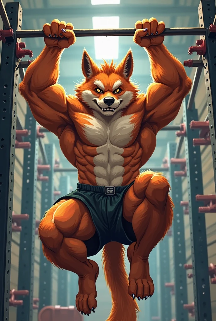 A fursuit Fox male muscular gymer adult red hair red fur and blue eyes posing for the camera wearing sexy tight thong 