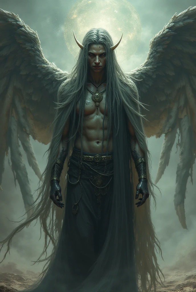 masterpiece, Best Quality, realist, photorealist, 8k, lucifer, 1 chico, male focus, Alone, standing, (purple dougi), White skin, horns, gray robe, Closed mouth, miranda to the spiteful, ((wavy hair)), arms at the sides, marked muscles, black eyes, Deep and dark background.