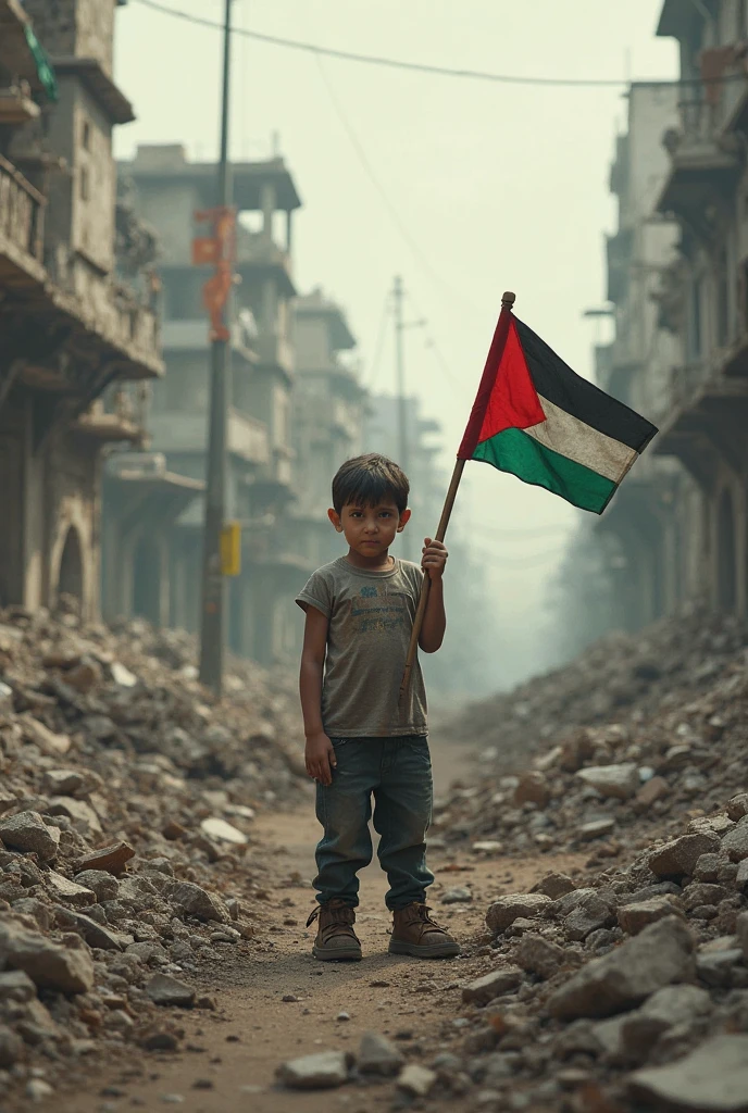 Distroy Palestinian house and a child sad and hand with palestine flag