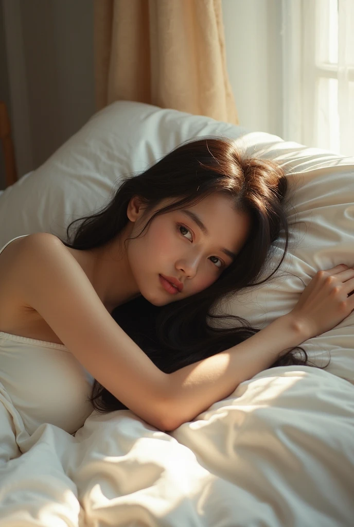 Sexy woman, black hair, single braid, long forehead, eyes closed, lips parted, deepest blush, flustered, lustful, off shoulder t shirt and blue short shorts, lying on bed, very seductive, aroused, head on pillow, facing up