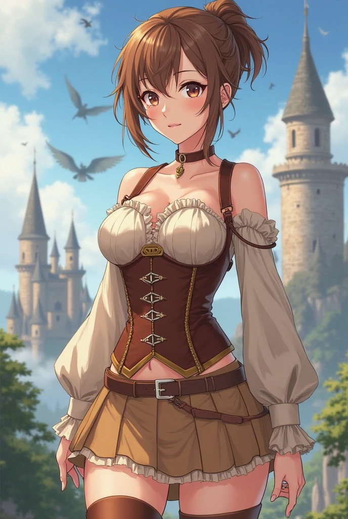 (solo 1 skinny  12 years old:1.3), the middle ages, (red short hair:1.3), (short dress:1.2), (plunging neckline), wiry corset (emphasize cleavage), (very short torso:1.3), (inconceivably thin narrow waist), short (brown capelet), BREAK, (flapping very short brown skirt:1.3), emphasize thigh gap, (thin long legs), BREAK, (12th Century Europe)