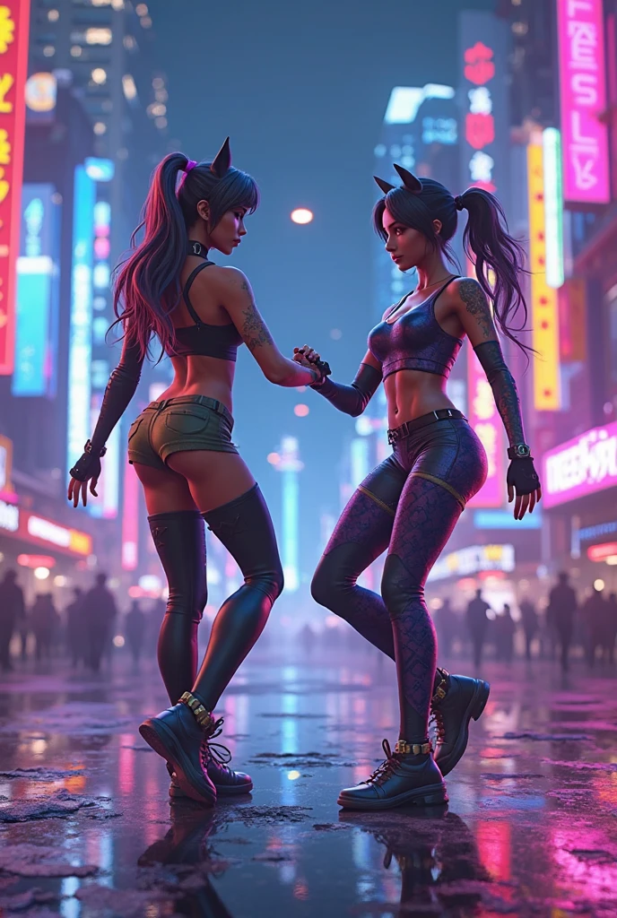 2 elf girls, 22 years old, multicolor hair, space buns, cat ears, jungle, fireflies, full body, extreme abs, cute face, smiling, naked, nude, tattoos, fluorescent, magical scene, beautiful, fashion, splash of color, paint splatter, rainbow lights, world of warcraft, serene jungle, red fireflies, purple glow, 2 elf females, nudist, 20 years old, multicolor hair, cat ears, cyberpunk city, future, aliens, people, extreme abs, cute face, streets, graffiti, tattoos, no pants, slim, muscular, neon signs, no clothes,