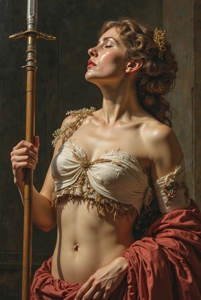 Create a museum version of a painting in the style of Leonardo Da Vinci ,
The painting shows the humiliation of the women in the middle ages
seductive woman wearing a loose pink shirt decorated with various accessories, and red shorts, sitting on a big sofa while holding a knife, with seductive smile, underground living room, night
golden ratio, (highest quality fabric texture), every detail, (Highest Quality) ultra detailed (Ultra-fine ), Photorealistic, Extremely detailed(Extremely detailed) , (highest detail image, lens flare, realistic), (A high resolution)