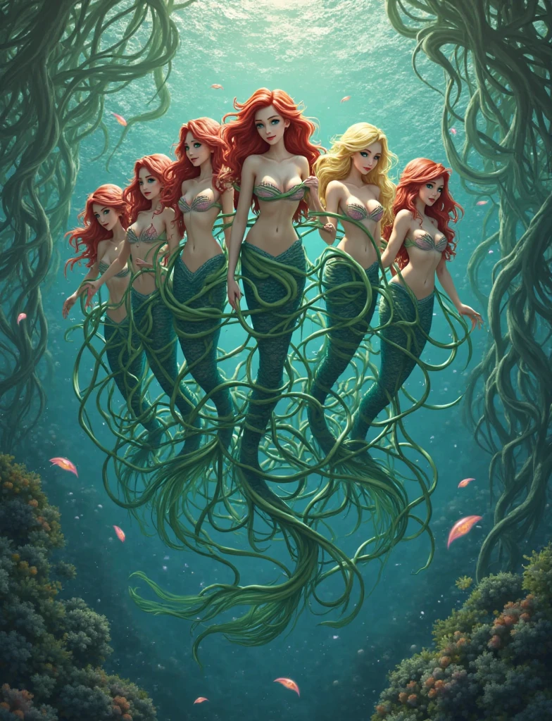 A nude siren evil mermaid swimming in a swamp, full moon, Japanese castle, osaka, sakura trees, neundies style