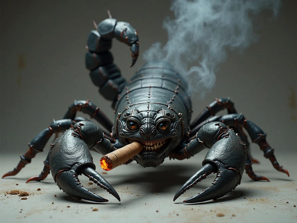 scorpion smoking cigarette with dark backgrounds