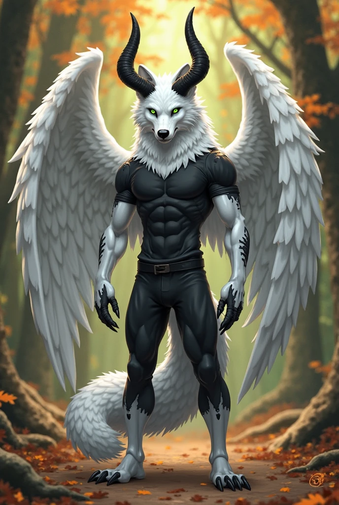 male creature with white body, blue eyes, silver hair, fox ears and tail, very big inky wings, good abs and sad face
